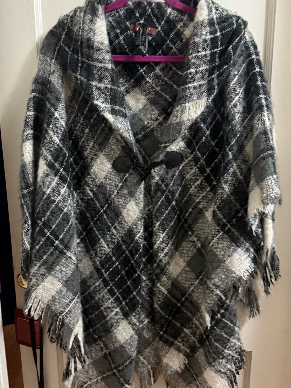 Altare Fuzzy Black and White Plaid Sweater Poncho - Women One Size